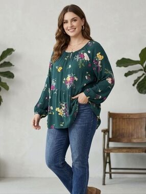 Old Navy Forest Green Floral Peasant Blouse